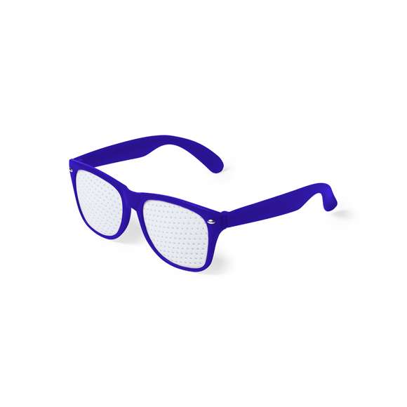Gafas de original diseño especialmente diseñadas para marcaje a todo color digital. Con montura en divertidos colores y lentes perforadas.