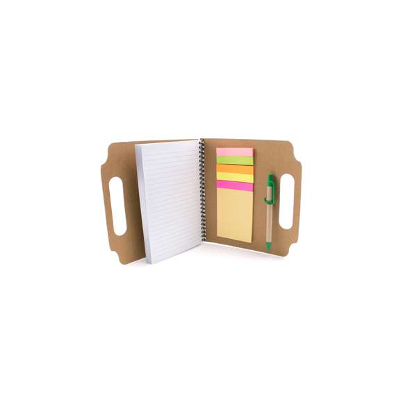 Bloc de notas adhesivas de anillas con bolígrafo de cartón reciclado incluido. De original diseño, con asas de transporte troqueladas y tapas de suave tacto acabadas en resistente cartón reciclado rígido. Con soporte para bolígrafo integrado, incluye bloc de 70 hojas con lineas horizontales, 25 notas adhesivas medianas y 125 mini notas adhesivas.