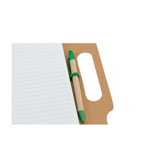 Bloc de notas adhesivas de anillas con bolígrafo de cartón reciclado incluido. De original diseño, con asas de transporte troqueladas y tapas de suave tacto acabadas en resistente cartón reciclado rígido. Con soporte para bolígrafo integrado, incluye bloc de 70 hojas con lineas horizontales, 25 notas adhesivas medianas y 125 mini notas adhesivas.