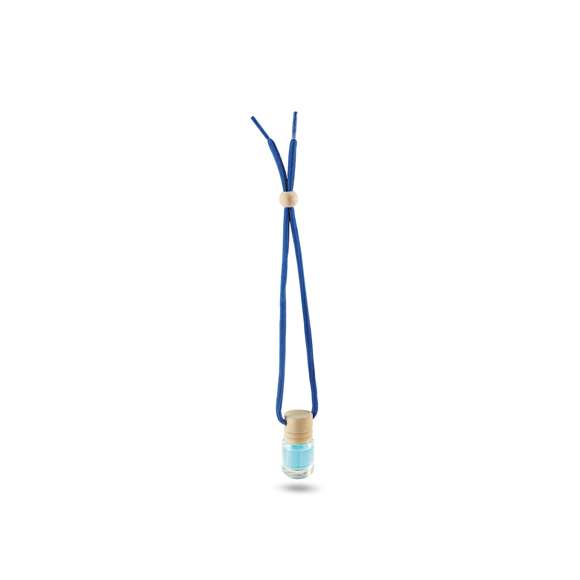 Ambientador aroma océano. En tarro de cristal de 5ml con tapón de madera, cordón a juego y accesorio de ajuste en madera. Presentado en cajita individual de PVC.