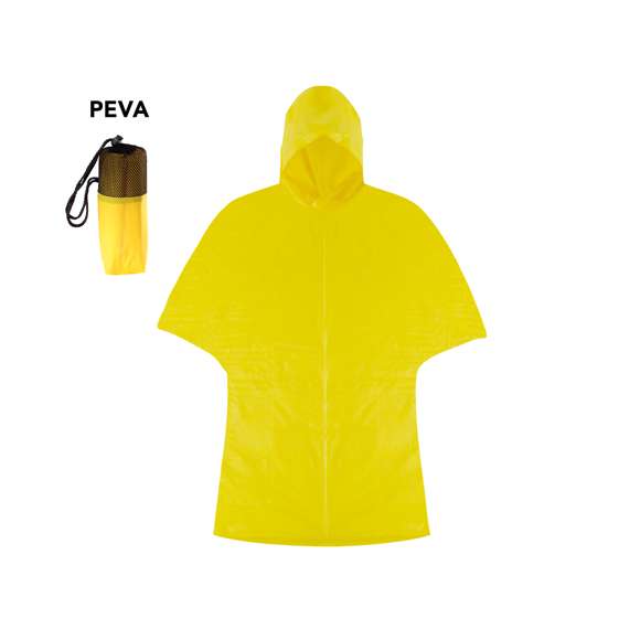 Poncho en resistente PEVA de acabado termo sellado en variada gama de colores. Con cierres laterales de corchete y presentado en bolsa individual a juego con parte superior en redecilla y cordón con accesorio de ajuste. Talla única para adulto.