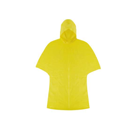 Poncho en resistente PEVA de acabado termo sellado en variada gama de colores. Con cierres laterales de corchete y presentado en bolsa individual a juego con parte superior en redecilla y cordón con accesorio de ajuste. Talla única para adulto.