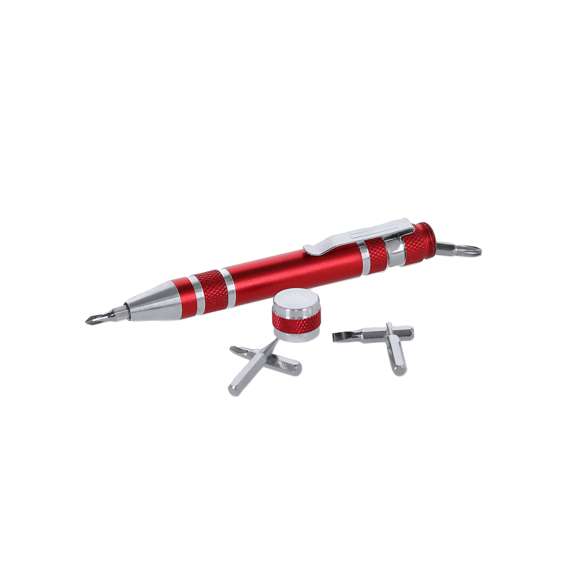 Multiherramienta de aluminio de 6 accesorios en variada gama de vivos colores metalizados. Con cuerpo anti deslizante y clip metálico. Incluye 6 cabezales destornilladores planos y de estrella.