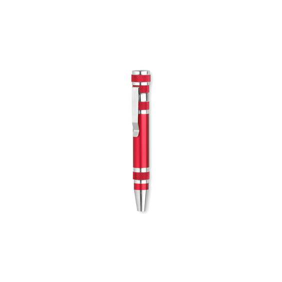 Multiherramienta de aluminio de 6 accesorios en variada gama de vivos colores metalizados. Con cuerpo anti deslizante y clip metálico. Incluye 6 cabezales destornilladores planos y de estrella.