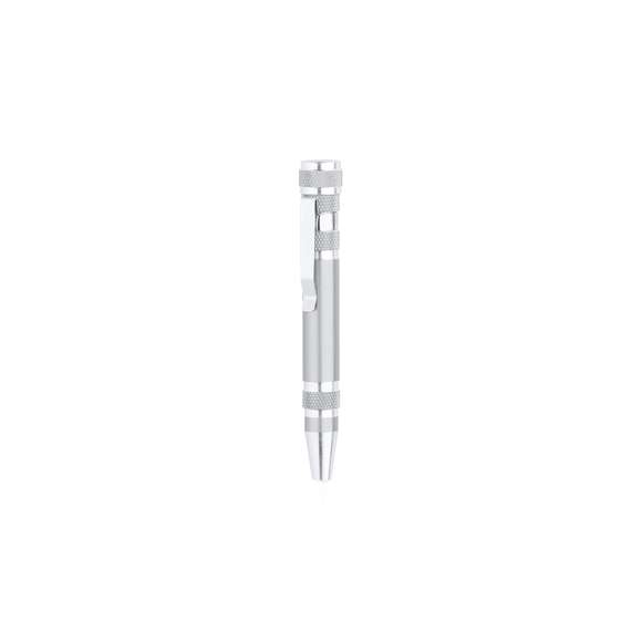 Multiherramienta de aluminio de 6 accesorios en variada gama de vivos colores metalizados. Con cuerpo anti deslizante y clip metálico. Incluye 6 cabezales destornilladores planos y de estrella.