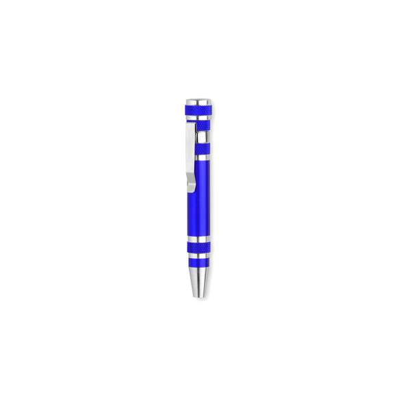 Multiherramienta de aluminio de 6 accesorios en variada gama de vivos colores metalizados. Con cuerpo anti deslizante y clip metálico. Incluye 6 cabezales destornilladores planos y de estrella.
