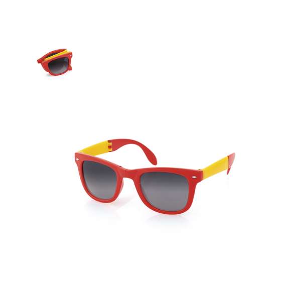 Gafas de sol plegables con protección UV400 de clásico diseño. Con montura de acabado brillante en divertidos colores y lentes de color negro.