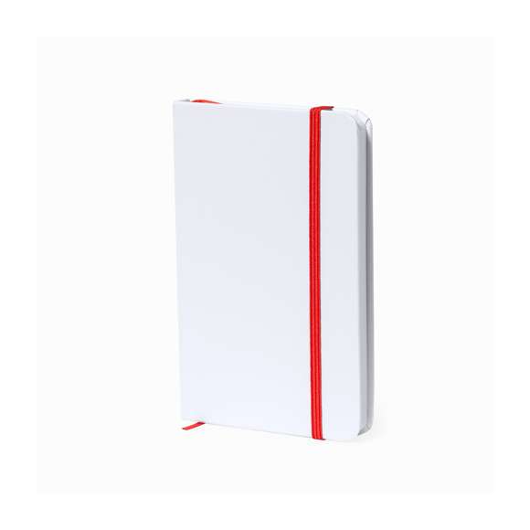 Bloc de notas con tapas de suave tacto acabadas en resistente cartón de elegante acabado en blanco. Especialmente diseñado para marcaje digital en tapas, cuenta con 80 hojas lisas además de elástico de sujeción y marcapáginas de tela a juego.