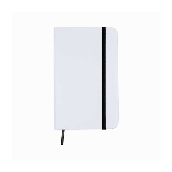 Bloc de notas con tapas de suave tacto acabadas en resistente cartón de elegante acabado en blanco. Especialmente diseñado para marcaje digital en tapas, cuenta con 80 hojas lisas además de elástico de sujeción y marcapáginas de tela a juego.