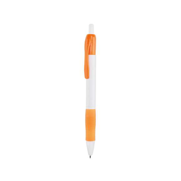 Clásico bolígrafo con mecanismo de pulsador, de atrevido diseño y cuerpo de color blanco sólido en suave acabado. Con cómoda empuñadura y clip a juego. Tinta azul.