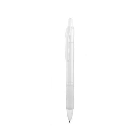 Clásico bolígrafo con mecanismo de pulsador, de atrevido diseño y cuerpo de color blanco sólido en suave acabado. Con cómoda empuñadura y clip a juego. Tinta azul.