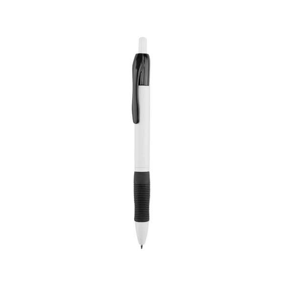 Clásico bolígrafo con mecanismo de pulsador, de atrevido diseño y cuerpo de color blanco sólido en suave acabado. Con cómoda empuñadura y clip a juego. Tinta azul.