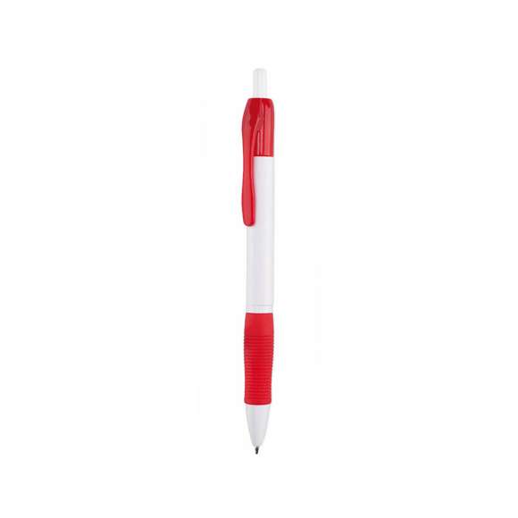 Clásico bolígrafo con mecanismo de pulsador, de atrevido diseño y cuerpo de color blanco sólido en suave acabado. Con cómoda empuñadura y clip a juego. Tinta azul.