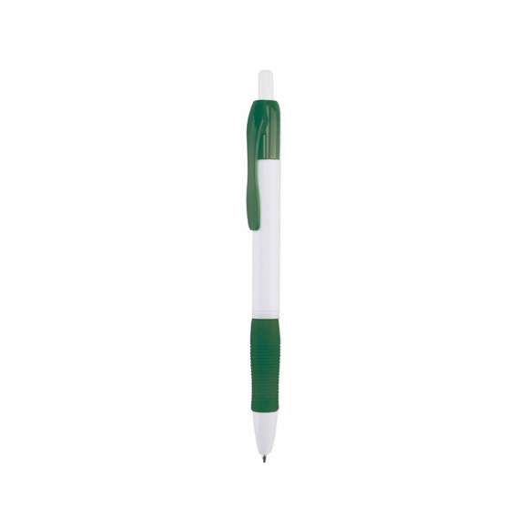 Clásico bolígrafo con mecanismo de pulsador, de atrevido diseño y cuerpo de color blanco sólido en suave acabado. Con cómoda empuñadura y clip a juego. Tinta azul.