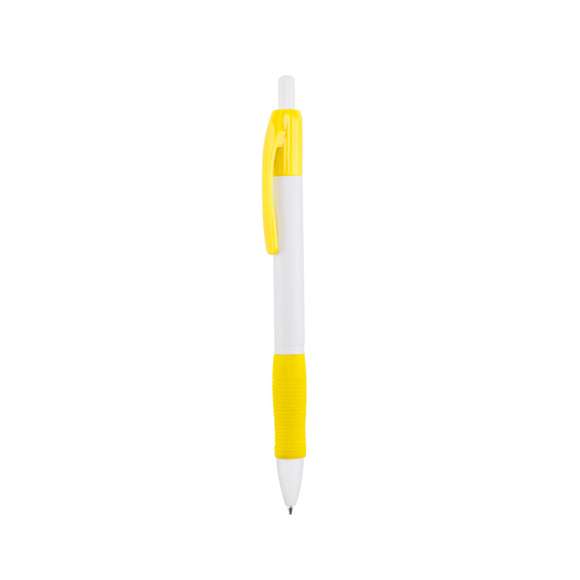 Clásico bolígrafo con mecanismo de pulsador, de atrevido diseño y cuerpo de color blanco sólido en suave acabado. Con cómoda empuñadura y clip a juego. Tinta azul.
