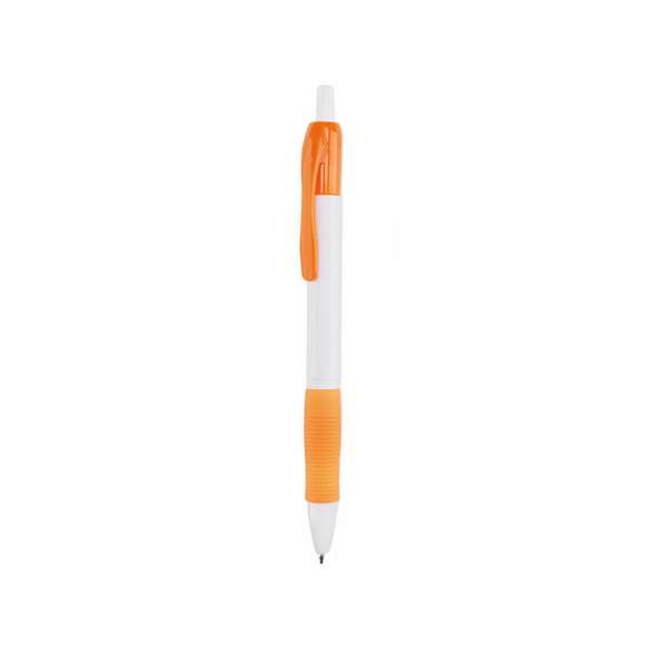 Clásico bolígrafo con mecanismo de pulsador, de atrevido diseño y cuerpo de color blanco sólido en suave acabado. Con cómoda empuñadura y clip a juego. Tinta azul.