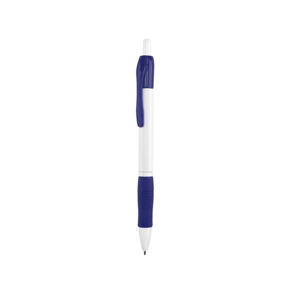 Clásico bolígrafo con mecanismo de pulsador, de atrevido diseño y cuerpo de color blanco sólido en suave acabado. Con cómoda empuñadura y clip a juego. Tinta azul.