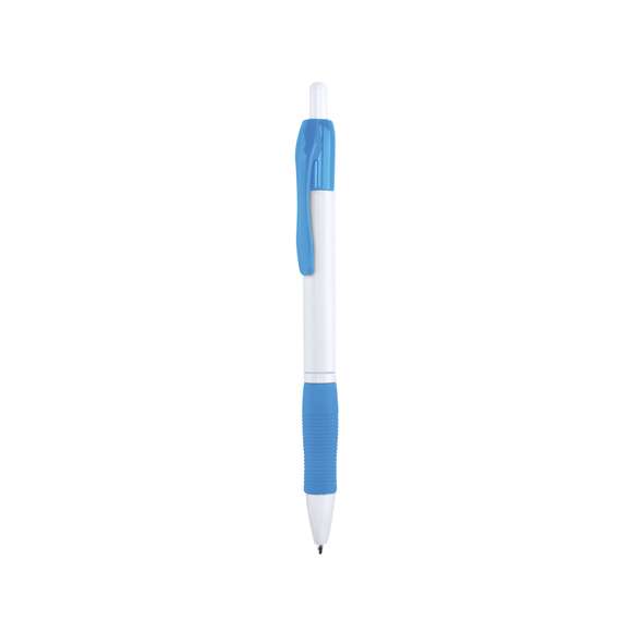 Clásico bolígrafo con mecanismo de pulsador, de atrevido diseño y cuerpo de color blanco sólido en suave acabado. Con cómoda empuñadura y clip a juego. Tinta azul.