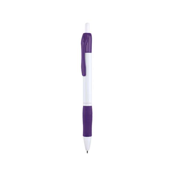 Clásico bolígrafo con mecanismo de pulsador, de atrevido diseño y cuerpo de color blanco sólido en suave acabado. Con cómoda empuñadura y clip a juego. Tinta azul.