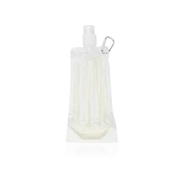 Bidón enfriador de 400ml de capacidad con cuerpo acabado en PET transparente y líquido refrigerante en vivos colores. Con tapón de seguridad a rosca y mosquetón metálico de transporte.