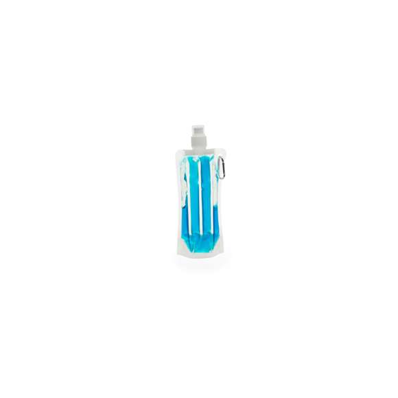 Bidón enfriador de 400ml de capacidad con cuerpo acabado en PET transparente y líquido refrigerante en vivos colores. Con tapón de seguridad a rosca y mosquetón metálico de transporte.
