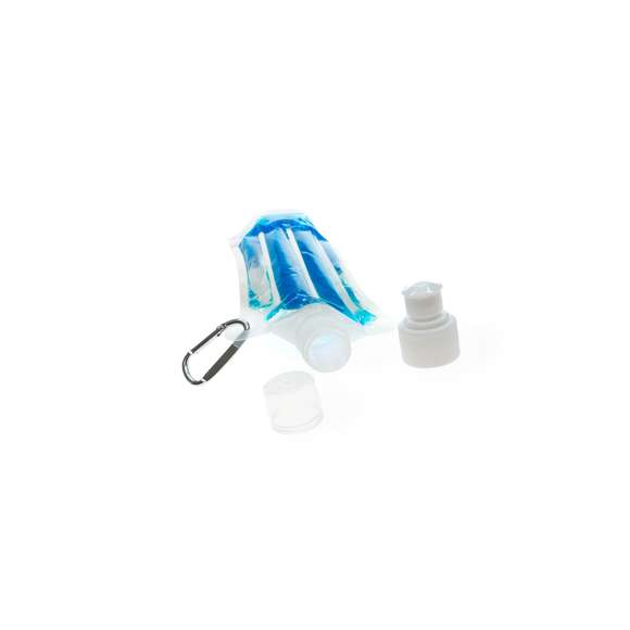 Bidón enfriador de 400ml de capacidad con cuerpo acabado en PET transparente y líquido refrigerante en vivos colores. Con tapón de seguridad a rosca y mosquetón metálico de transporte.