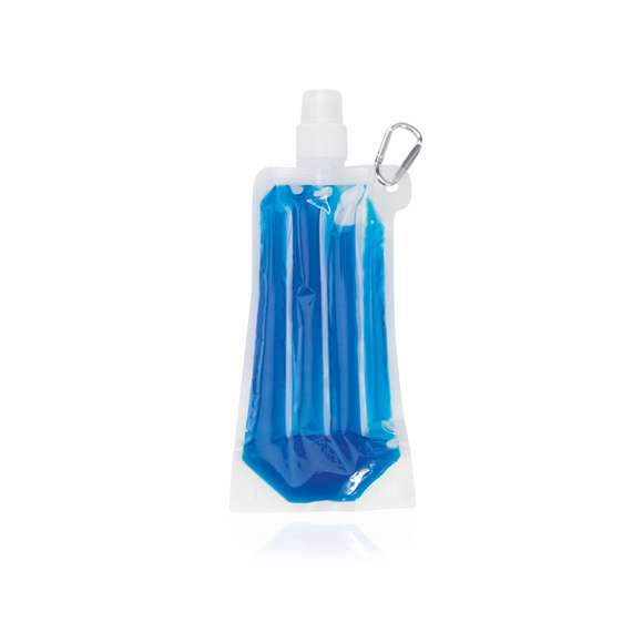 Bidón enfriador de 400ml de capacidad con cuerpo acabado en PET transparente y líquido refrigerante en vivos colores. Con tapón de seguridad a rosca y mosquetón metálico de transporte.