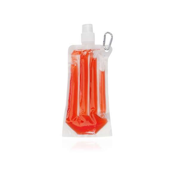 Bidón enfriador de 400ml de capacidad con cuerpo acabado en PET transparente y líquido refrigerante en vivos colores. Con tapón de seguridad a rosca y mosquetón metálico de transporte.