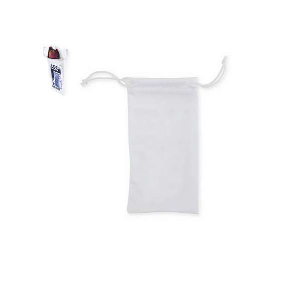 Funda de suave poliéster con cuerpo acabado en color blanco y cierre de cuerdas a juego. Especialmente diseñada para marcaje en sublimación.