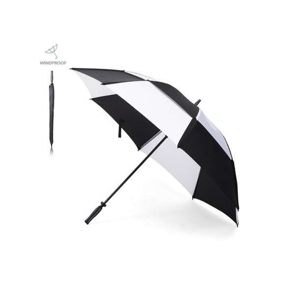  	Paraguas de Golf de 8 paneles de sobrio diseño bicolor y 135cm de diámetro y de apertura manual. En resistente material pongee con sistema de seguridad antiviento. Con varillas de fibra en color negro, cierre doble de velcro y suave mango acolchado en espuma. Presentado en funda del mismo material en elegante color negro.