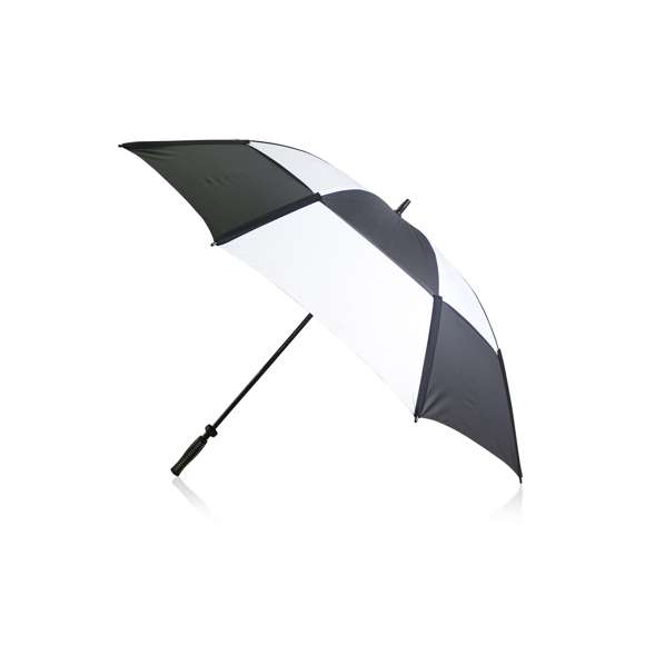 	Paraguas de Golf de 8 paneles de sobrio diseño bicolor y 135cm de diámetro y de apertura manual. En resistente material pongee con sistema de seguridad antiviento. Con varillas de fibra en color negro, cierre doble de velcro y suave mango acolchado en espuma. Presentado en funda del mismo material en elegante color negro.