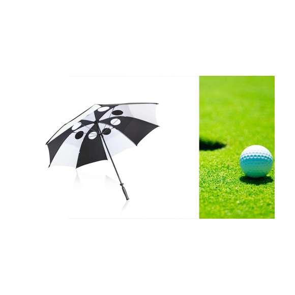  	Paraguas de Golf de 8 paneles de sobrio diseño bicolor y 135cm de diámetro y de apertura manual. En resistente material pongee con sistema de seguridad antiviento. Con varillas de fibra en color negro, cierre doble de velcro y suave mango acolchado en espuma. Presentado en funda del mismo material en elegante color negro.