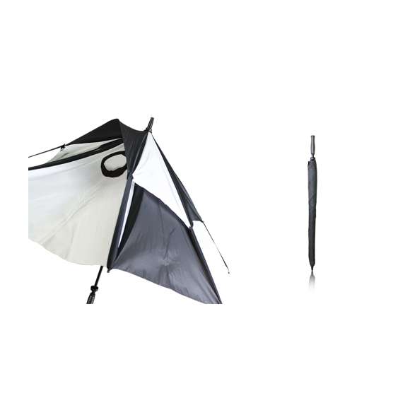  	Paraguas de Golf de 8 paneles de sobrio diseño bicolor y 135cm de diámetro y de apertura manual. En resistente material pongee con sistema de seguridad antiviento. Con varillas de fibra en color negro, cierre doble de velcro y suave mango acolchado en espuma. Presentado en funda del mismo material en elegante color negro.
