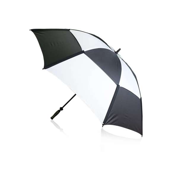  	Paraguas de Golf de 8 paneles de sobrio diseño bicolor y 135cm de diámetro y de apertura manual. En resistente material pongee con sistema de seguridad antiviento. Con varillas de fibra en color negro, cierre doble de velcro y suave mango acolchado en espuma. Presentado en funda del mismo material en elegante color negro.