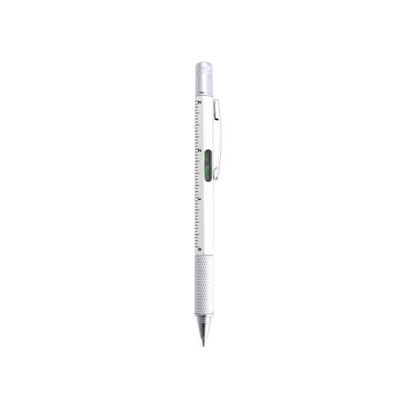 Bolígrafo multiherramienta 4 en 1 de mecanismo giratorio, en variados colores y con suave empuñadura. Con nivel integrado en cuerpo, regla con sistema métrico en centímetros/pulgadas y destornillador de doble cabeza -plana y de estrella-. Con clip metálico y tinta azul.