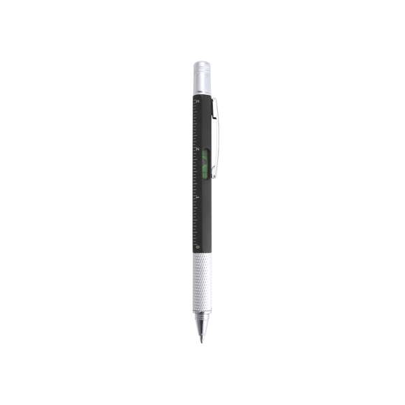 Bolígrafo multiherramienta 4 en 1 de mecanismo giratorio, en variados colores y con suave empuñadura. Con nivel integrado en cuerpo, regla con sistema métrico en centímetros/pulgadas y destornillador de doble cabeza -plana y de estrella-. Con clip metálico y tinta azul.