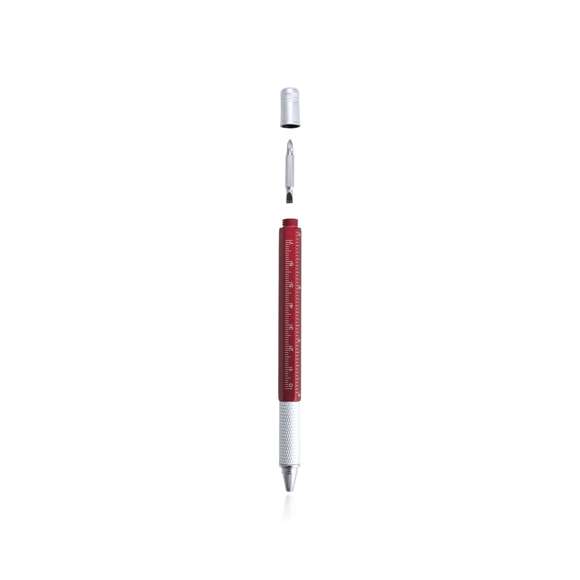 Bolígrafo multiherramienta 4 en 1 de mecanismo giratorio, en variados colores y con suave empuñadura. Con nivel integrado en cuerpo, regla con sistema métrico en centímetros/pulgadas y destornillador de doble cabeza -plana y de estrella-. Con clip metálico y tinta azul.