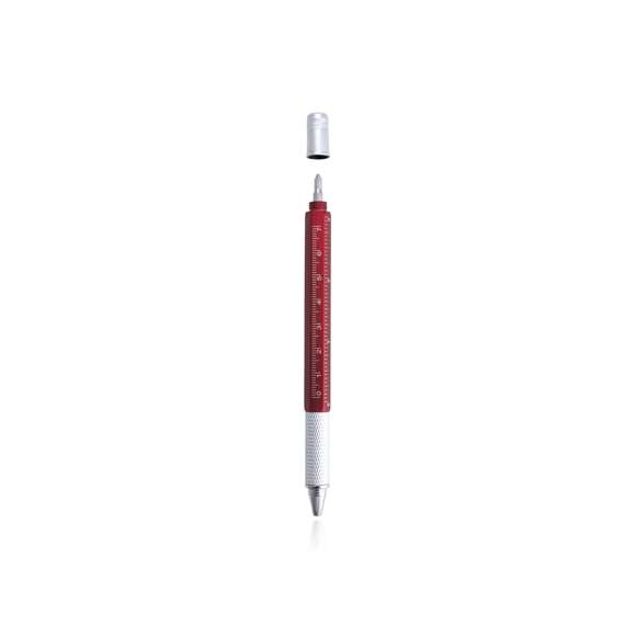 Bolígrafo multiherramienta 4 en 1 de mecanismo giratorio, en variados colores y con suave empuñadura. Con nivel integrado en cuerpo, regla con sistema métrico en centímetros/pulgadas y destornillador de doble cabeza -plana y de estrella-. Con clip metálico y tinta azul.