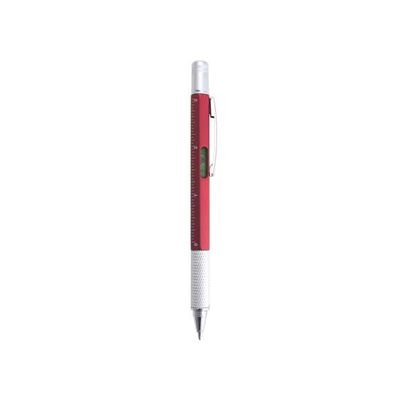 Bolígrafo multiherramienta 4 en 1 de mecanismo giratorio, en variados colores y con suave empuñadura. Con nivel integrado en cuerpo, regla con sistema métrico en centímetros/pulgadas y destornillador de doble cabeza -plana y de estrella-. Con clip metálico y tinta azul.
