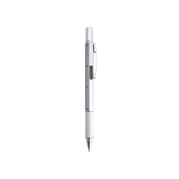 Bolígrafo multiherramienta 4 en 1 de mecanismo giratorio, en variados colores y con suave empuñadura. Con nivel integrado en cuerpo, regla con sistema métrico en centímetros/pulgadas y destornillador de doble cabeza -plana y de estrella-. Con clip metálico y tinta azul.