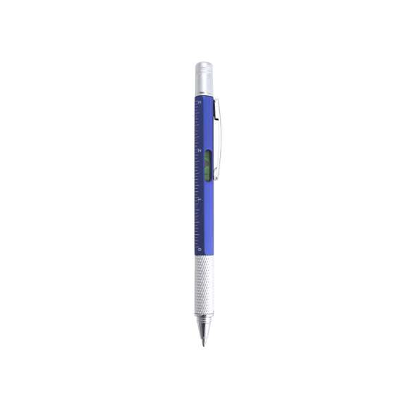 Bolígrafo multiherramienta 4 en 1 de mecanismo giratorio, en variados colores y con suave empuñadura. Con nivel integrado en cuerpo, regla con sistema métrico en centímetros/pulgadas y destornillador de doble cabeza -plana y de estrella-. Con clip metálico y tinta azul.
