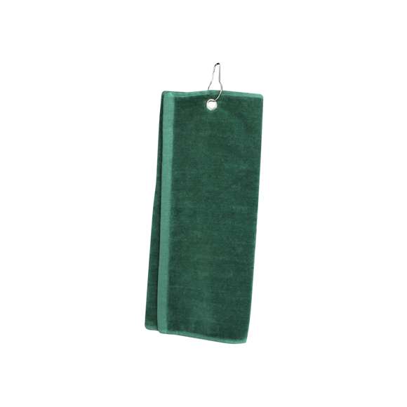 Toalla de golf de 40x50cm en absorbente y suave algodón de alta calidad de 650g/m2. Con argolla reforzada y mosquetón de acople, ambos de acero inox.