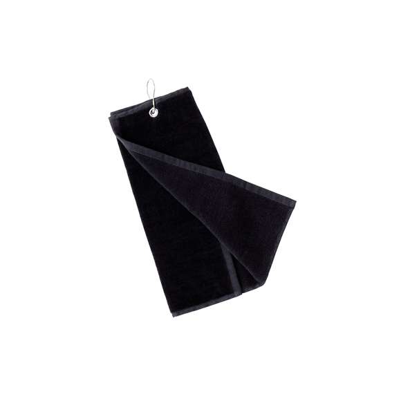 Toalla de golf de 40x50cm en absorbente y suave algodón de alta calidad de 650g/m2. Con argolla reforzada y mosquetón de acople, ambos de acero inox.