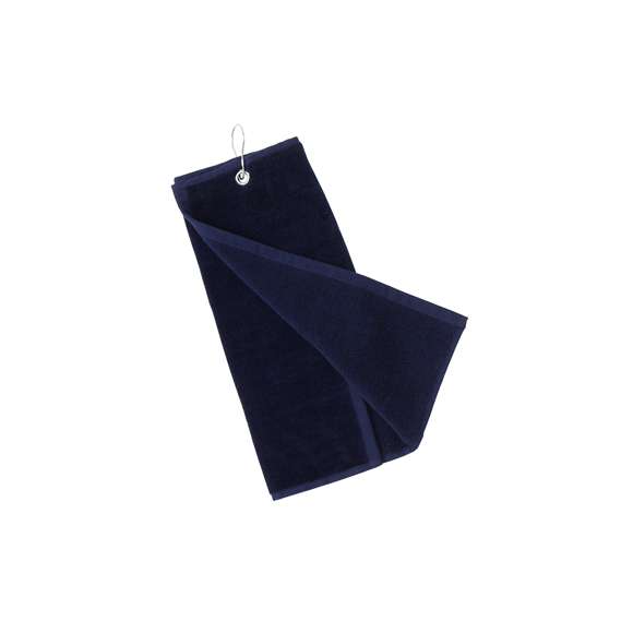 Toalla de golf de 40x50cm en absorbente y suave algodón de alta calidad de 650g/m2. Con argolla reforzada y mosquetón de acople, ambos de acero inox.