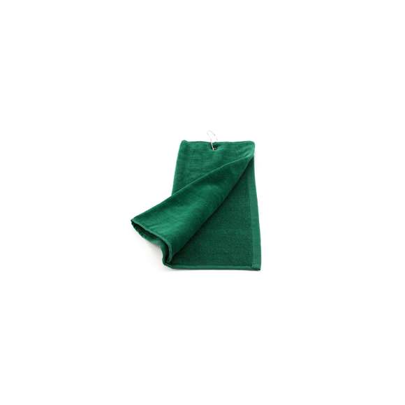 Toalla de golf de 40x50cm en absorbente y suave algodón de alta calidad de 650g/m2. Con argolla reforzada y mosquetón de acople, ambos de acero inox.