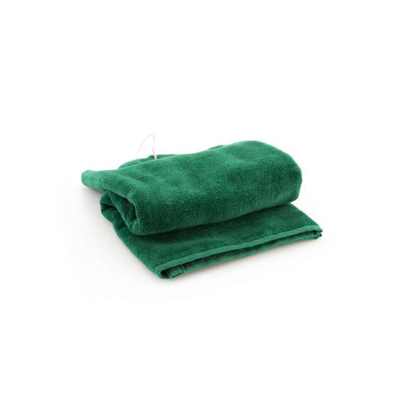 Toalla de golf de 40x50cm en absorbente y suave algodón de alta calidad de 650g/m2. Con argolla reforzada y mosquetón de acople, ambos de acero inox.