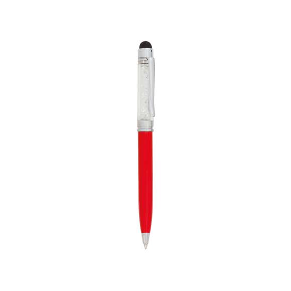 Original bolígrafo puntero de mecanismo giratorio con divertido líquido burbujeante en parte superior. Cuerpo metálico en suave acabado de vivos colores y accesorios en color plateado brillante. En tinta azul.