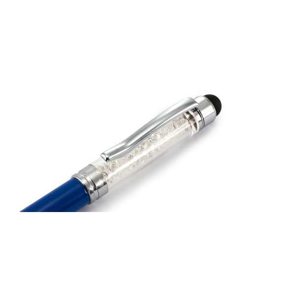 Original bolígrafo puntero de mecanismo giratorio con divertido líquido burbujeante en parte superior. Cuerpo metálico en suave acabado de vivos colores y accesorios en color plateado brillante. En tinta azul.