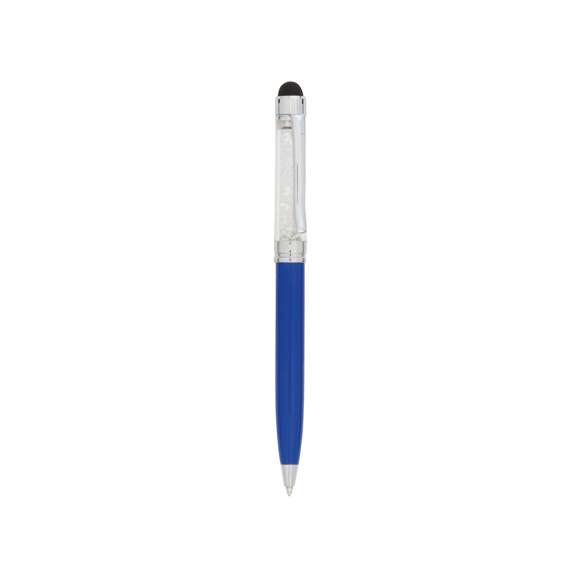 Original bolígrafo puntero de mecanismo giratorio con divertido líquido burbujeante en parte superior. Cuerpo metálico en suave acabado de vivos colores y accesorios en color plateado brillante. En tinta azul.