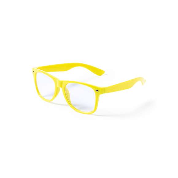 Divertidas gafas de clásico diseño con lentes transparentes y brillante montura en variada gama de vivos colores fluorescentes.